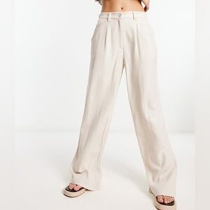 ASOS Linen Blend Pleated Cream Tan Wide Leg Women's Pants w Elastic Back